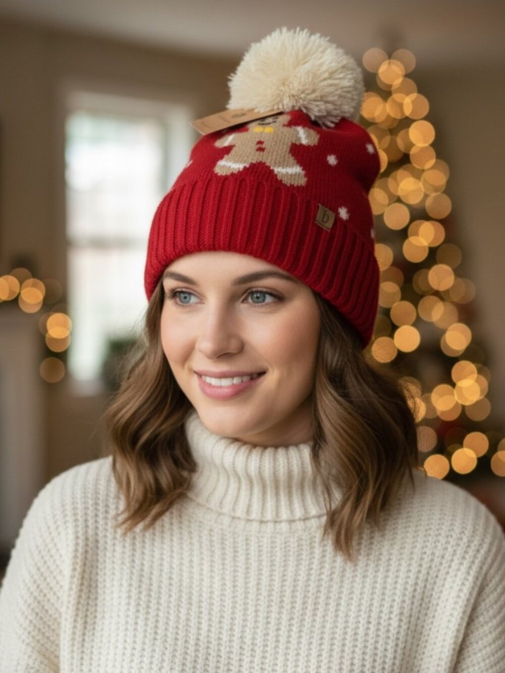 Red Holiday Gingerbread Man Knit Winter Beanie with Cream Pom Pom